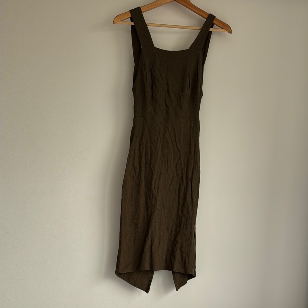 Reformation Olive Green Sheath Midi Open Back Dress Square Neck Sleeveless